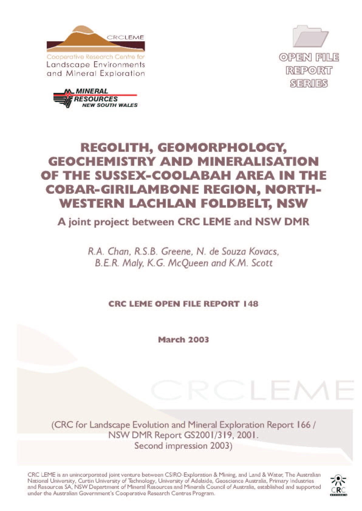 Cover page : Regolith, geomorphology, geochemistry and mineralisation of the Sussex-Coolabah area in the Cobar-Girilambone region, North western Lachlan Fold Belt, NSW